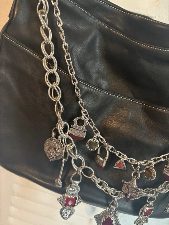 Vintage Danier Black Leather Bag + Zara Charm Chains Y2K Luxe - Picture 5 of 13